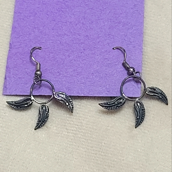 None Jewelry - Feather Dream Catcher Silver Tone Leaf Dangle Earrings